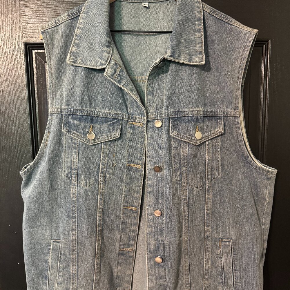 Womens Mens Denim Vest Oversized Blue Button Down Medium